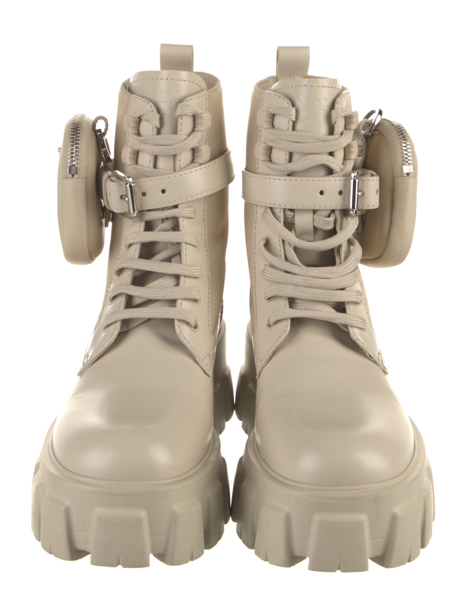 Prada Enameled Metal Triangle Leather Combat Boots